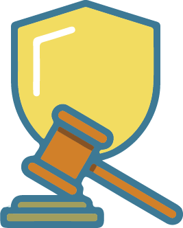A gavel in front of a shield.