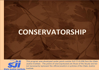 Conservatorship title screen, wording on brown background